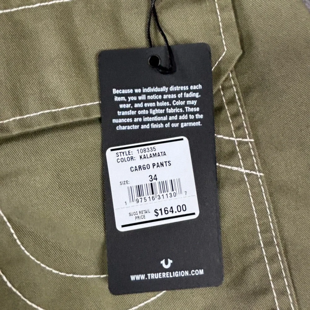 True Religion Mens Cargo Pants Olive Green White Contrast Stitch Size 34 NWT